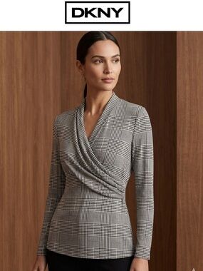 DKNY Black and Cream Houndstooth Print Top